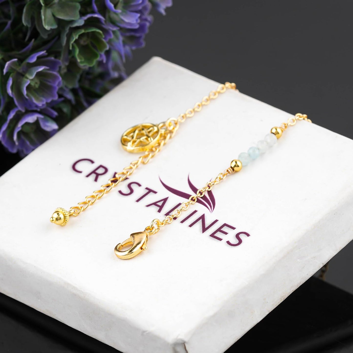 CRYSTALINES Natural Aquamarine Gemstone Beads, Handmade Station Dangle Star Charms Anklet, 14K Gold Plated, Adjustable Fashion Boho Jewelry for Women, Healing Crystals, Christmas Gift