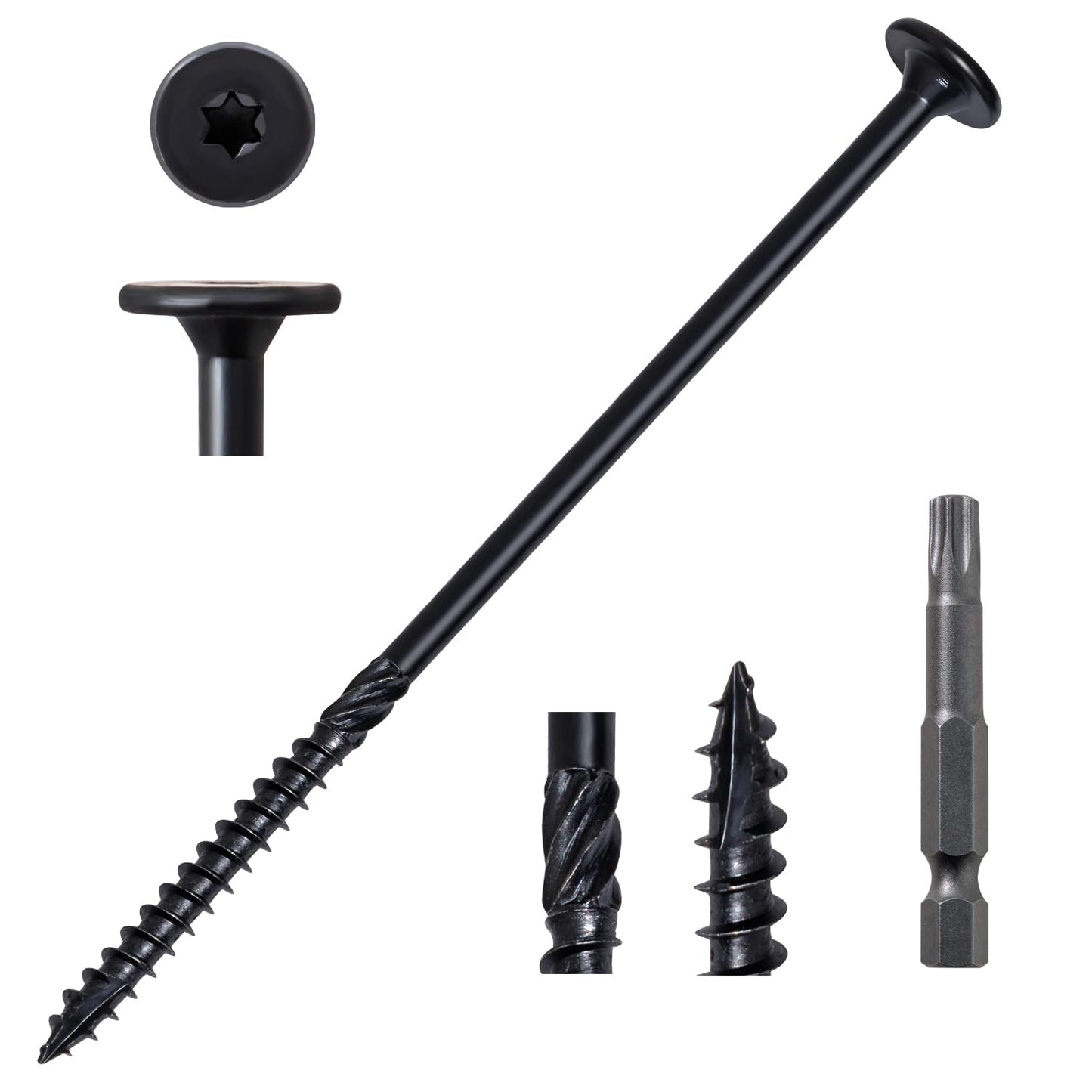 LIONMAX Structural Wood Lag Screws #14 x 6 Inch, 100-PCS, Heavy Duty Exterior Construction Screw, Rust Resistant Coated for Deck/Timber/Landscape, Flat Head Star Drive, T30 Bit Included, Black