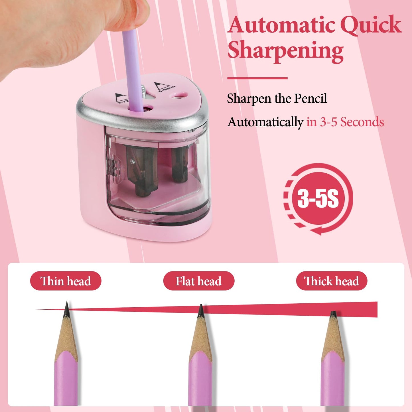 AUAUY Electric Pencil Sharpener with Double Hole, Battery Operated Automatic Sharpener with 2 Extra Knife Holders, for 6-8mm/9-12mm Standard Pencils, Colored Pencils, and Skectch Pencils（Pink）