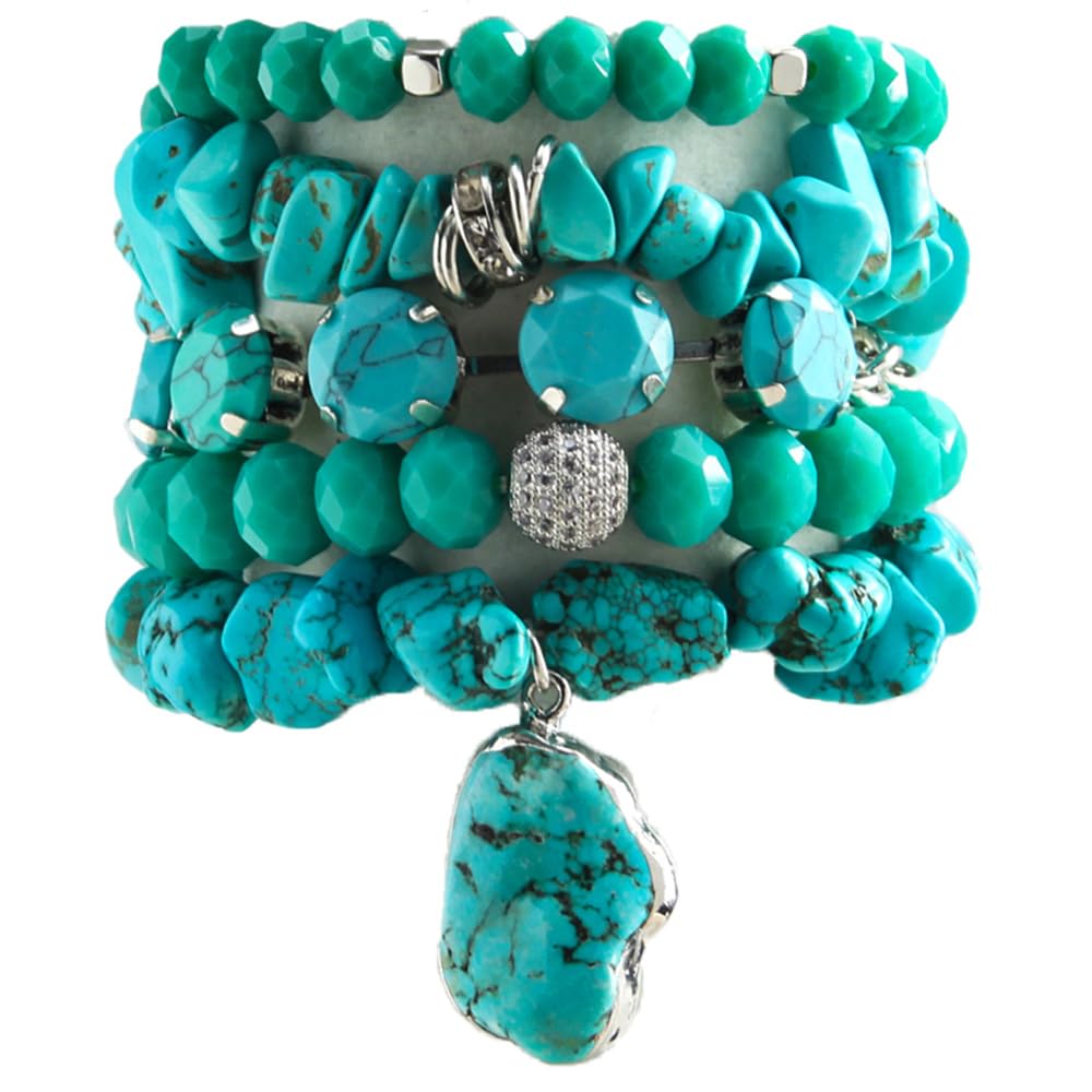 Yomisa Boho Beaded Bracelets for Women,Multilayer Wrap 5PCS Turquoise Healing Natural Stone Bead Bracelets Handmade Stackable Friendship Stretchy Beaded Bracelet Set Trendy Bohemian Jewelry Gift Women