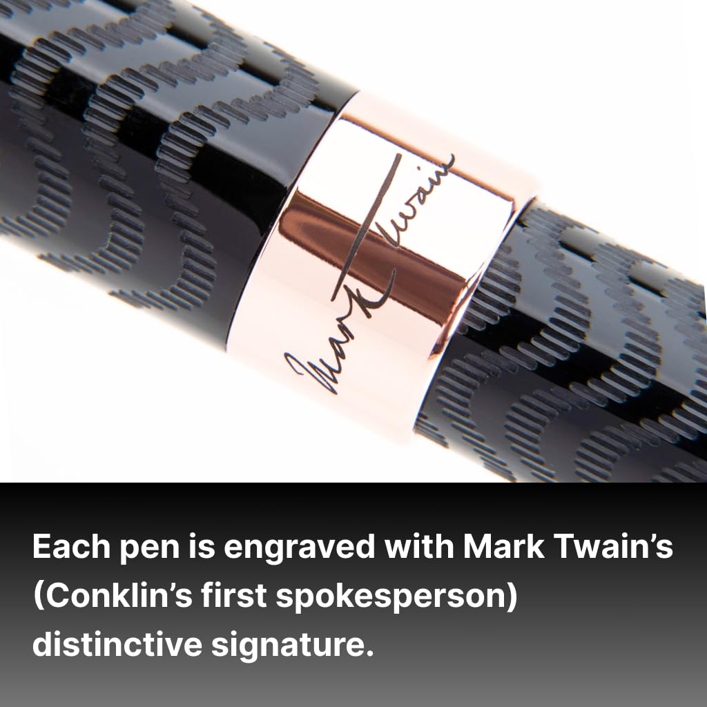 Conklin Mark Twain Crescent Filler Fountain Pen - Black Chase with 18 Karat Rose Gold Trim - Flex Nib