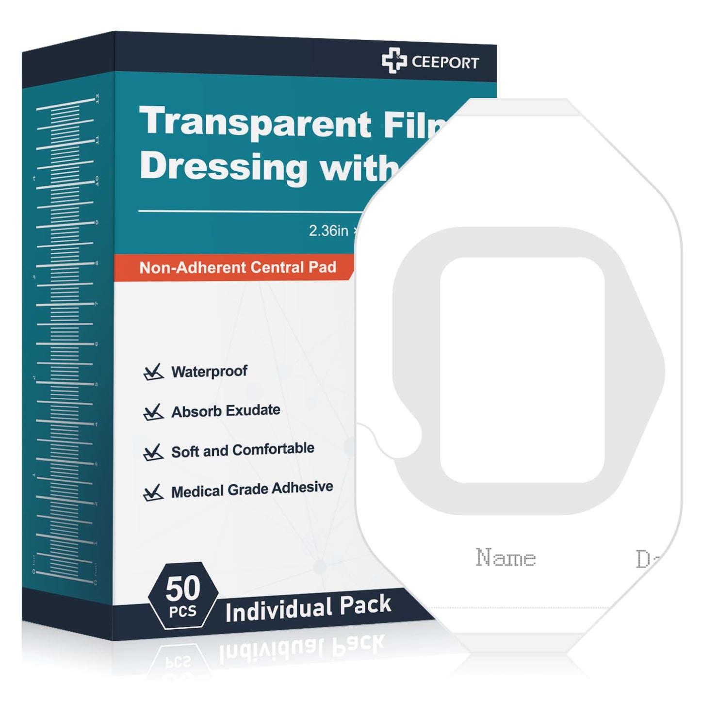 Ceeport Transparent Film Dressing with Pad 50 Pack,2.36"x2.75" Waterproof Bandages Adhesive Patches, Wound Cover Patches for Post Surgical, IV Shield, Tattoo Aftercare Bandage