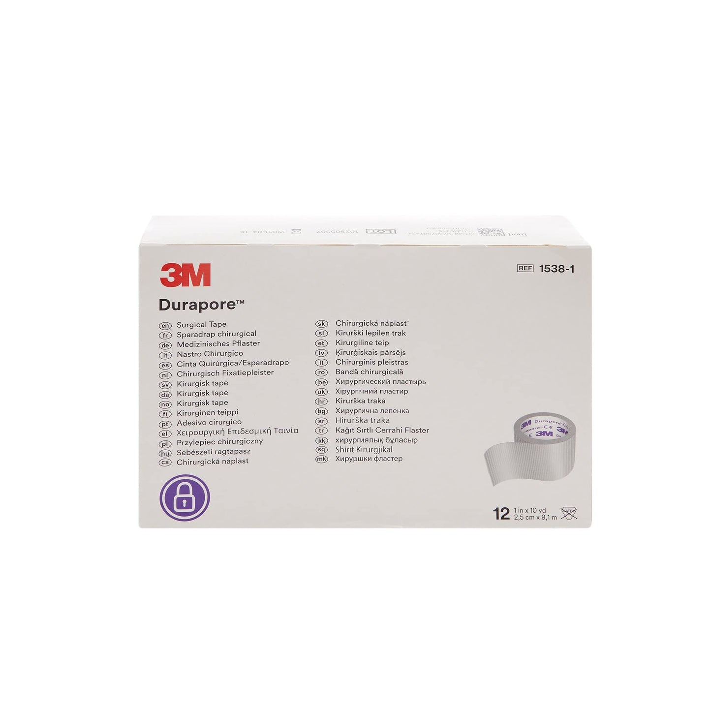 3M Durapore Medical Tape, Non-Sterile, Silk-Like Cloth, White, 1 in x 10 yds, 12 Rolls, 1 Pack