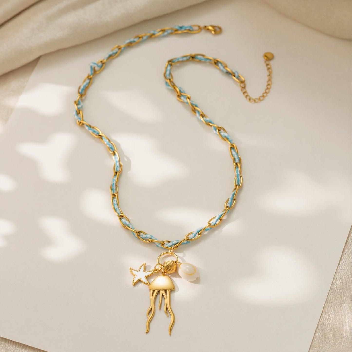 WASAIE Jellyfish Starfish Shell Blue Charm Braided Choker Necklace for Women, Adjustable Gold Plated Stainless Steel Paperclip Chain, Beach Surf Vacation Summer Travel Jewelry