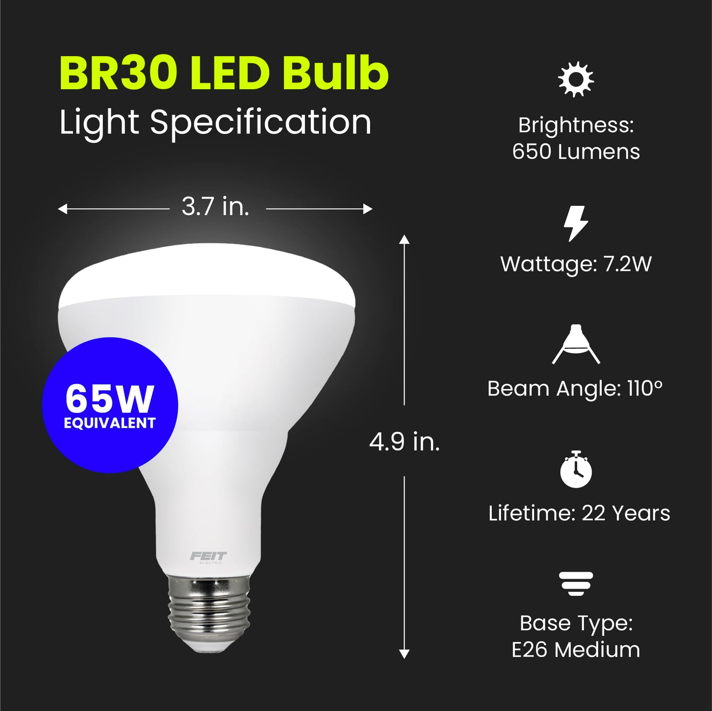 Feit Electric BR30 LED Light Bulb, 65W Equivalent, Dimmable, 650 Lumens, E26 Standard Base, 2700K Soft White, 90 CRI, Recessed Can Light Bulbs, 22-Year Lifetime, BR30DM/927CA/4, 4 Pack