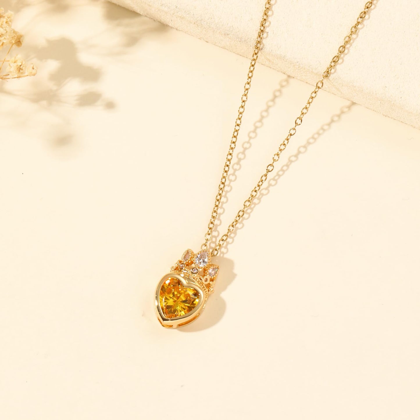crataly Citrine Crown Heart Necklace for Women-Gold Plated November Birthstone Princess Necklace For Valentine's Day Mother's Day Christmas Birthday Gifts