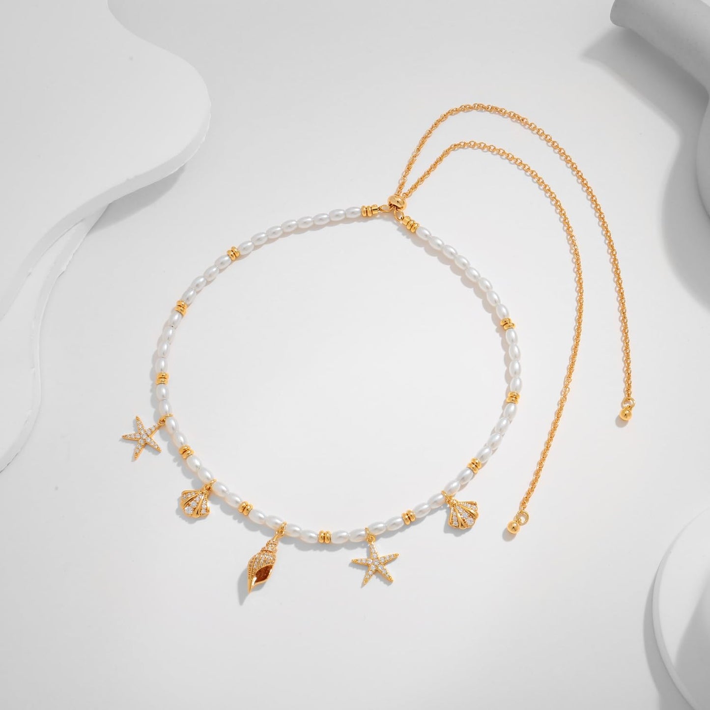 LILIE&WHITE Sea Shell Necklace For Women Elegant Imitation Pearl Charms Summer Beach Necklaces Mermaid 14K Gold Plated Necklaces Jewelry Gift Slide Buckle Adjustable Necklaces