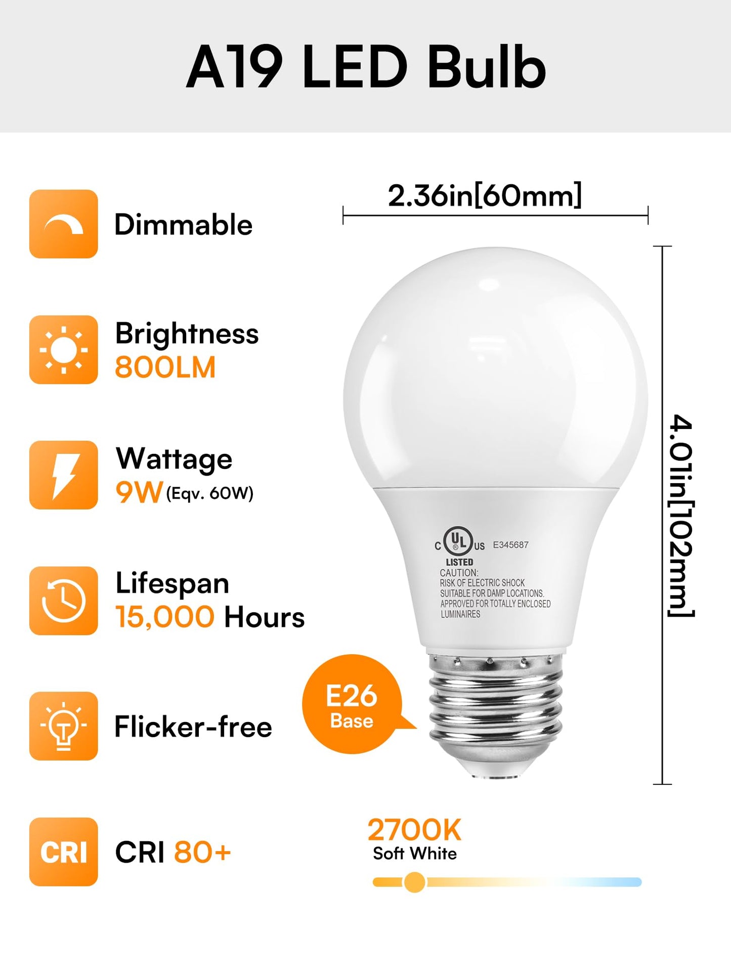 TJOY A19 Dimmable LED Light Bulbs, E26 Led Bulbs 60 Watt Equivalent, Warm Soft White 2700K, 800 Lumens Standard Base, Energy Saving Lightbulbs, Efficient 9W, 120V, 15,000 Hour Lifetime, 6 Pack