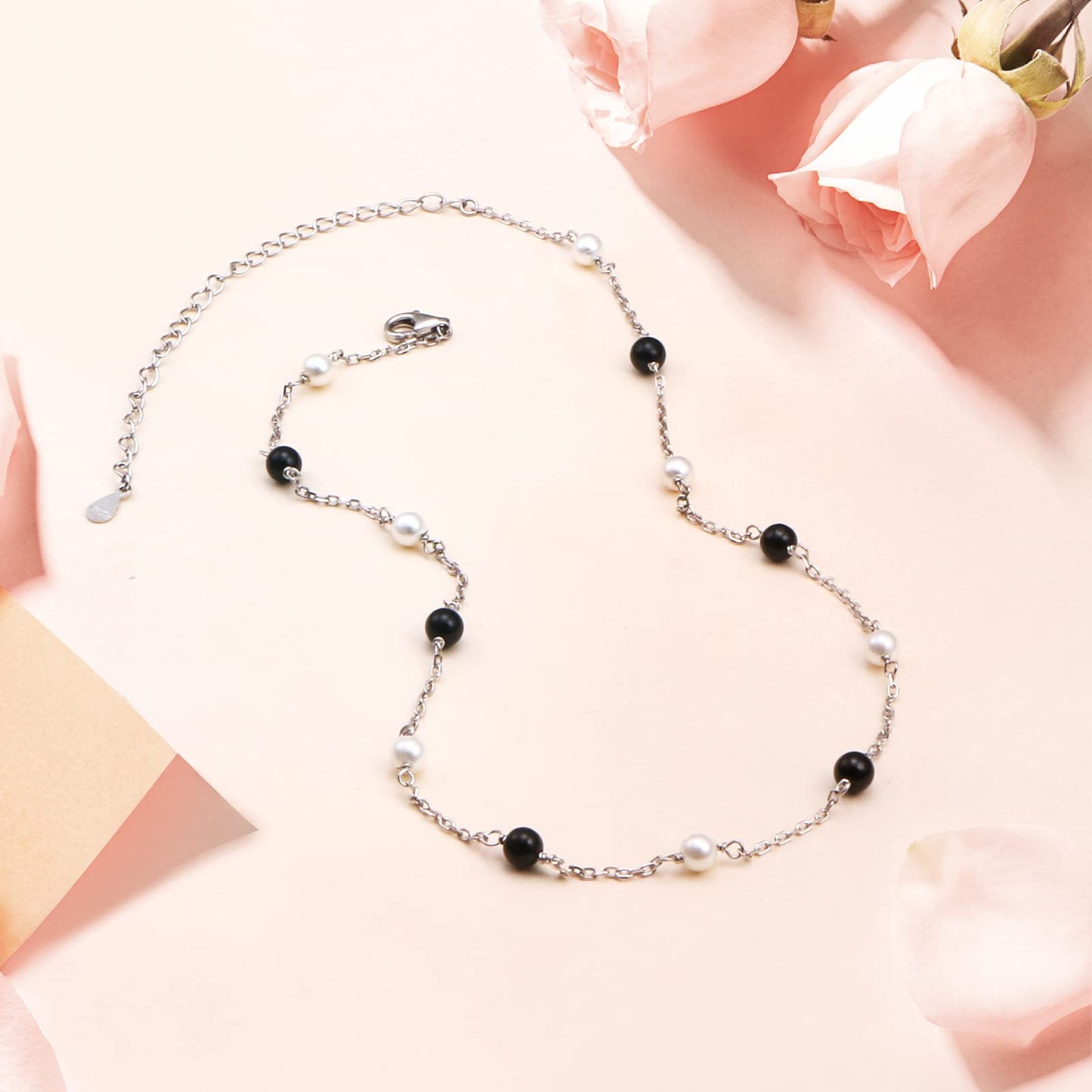 S925 Sterling Silver Choker Short Dainty Necklace Pendant for Women Jewelry Gift (Pearl Black White)