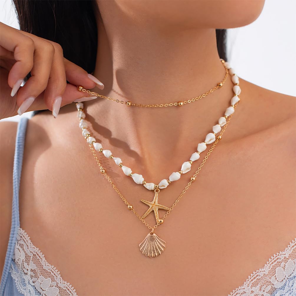 Gold Starfish Conch Oval Pearl SeaShell Necklace for Women Trendy, Statement Boho Shell Pearls Beaded Chain Necklaces Holiday Beach Party Jewelry (Gold-1)