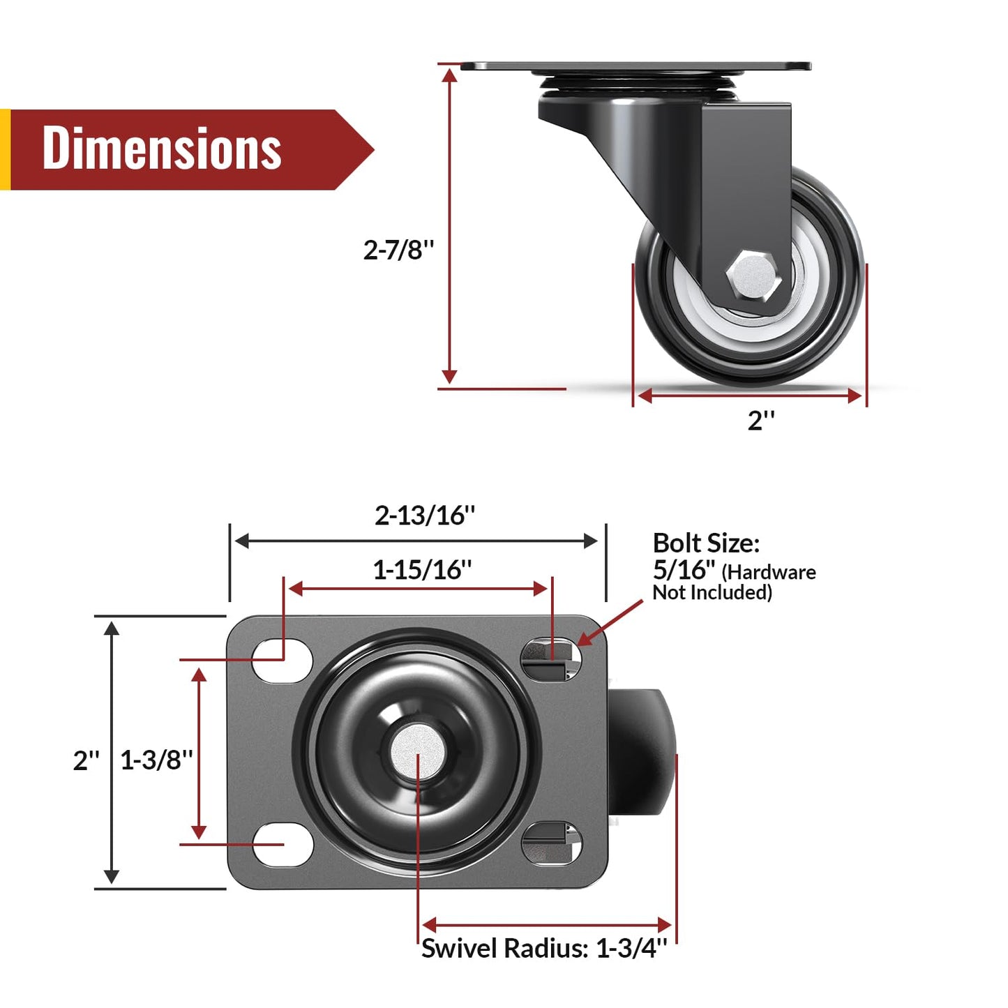 HOLKIE 2 Inch Swivel Caster Wheels - Heavy Duty 600 Lbs Capacity (Pack of 4) - Silent Polyurethane Casters No Brake - Non-Marking Rubber Replacement Wheels for Furniture, Cart, Workbench & Dolly