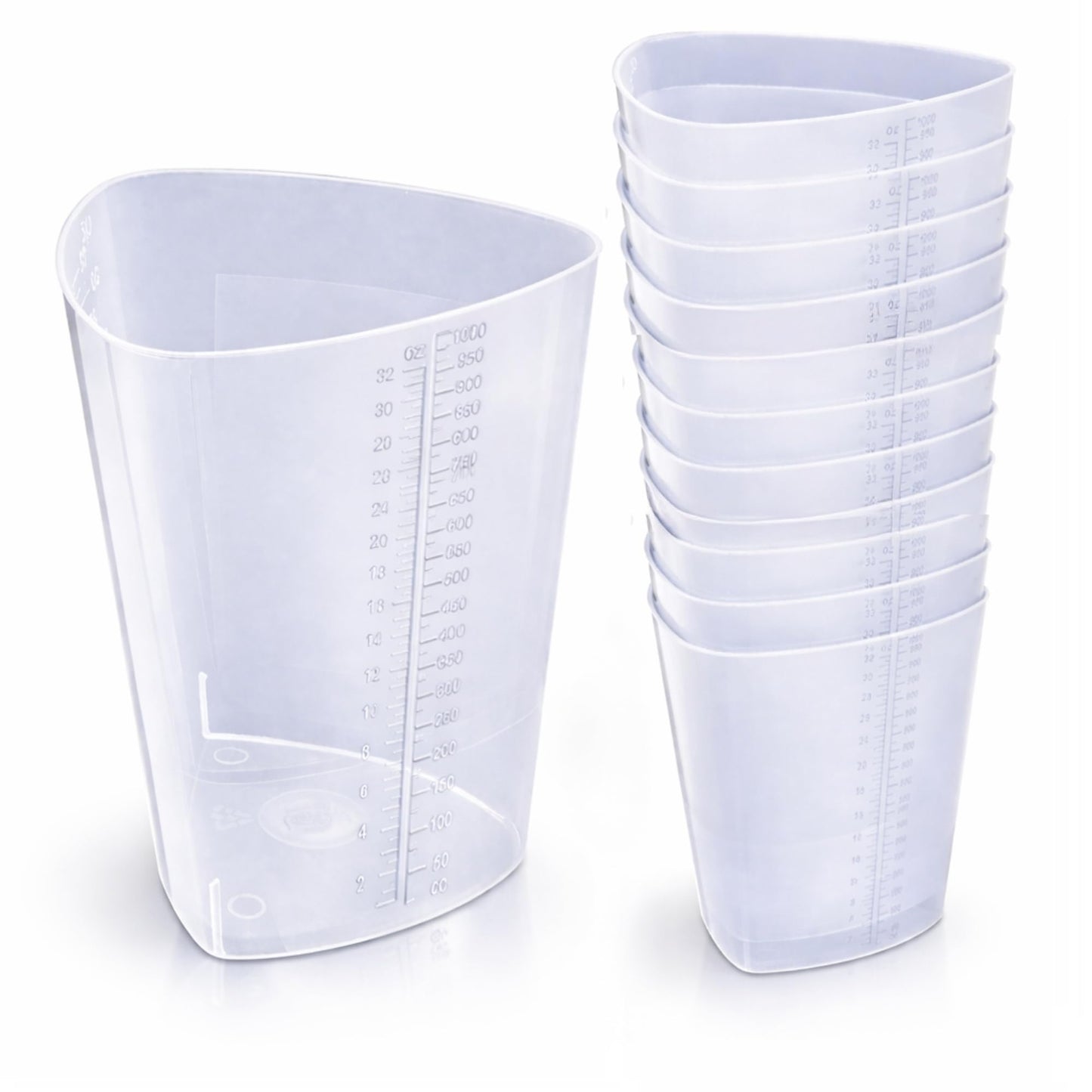 Vakly Graduated Intake Output Container 32 oz (10 Pack) – Plastic Triangular Measuring Beaker with oz & cc Markings for Urine Collection, Mixing, Paint, Epoxy & Lab Use