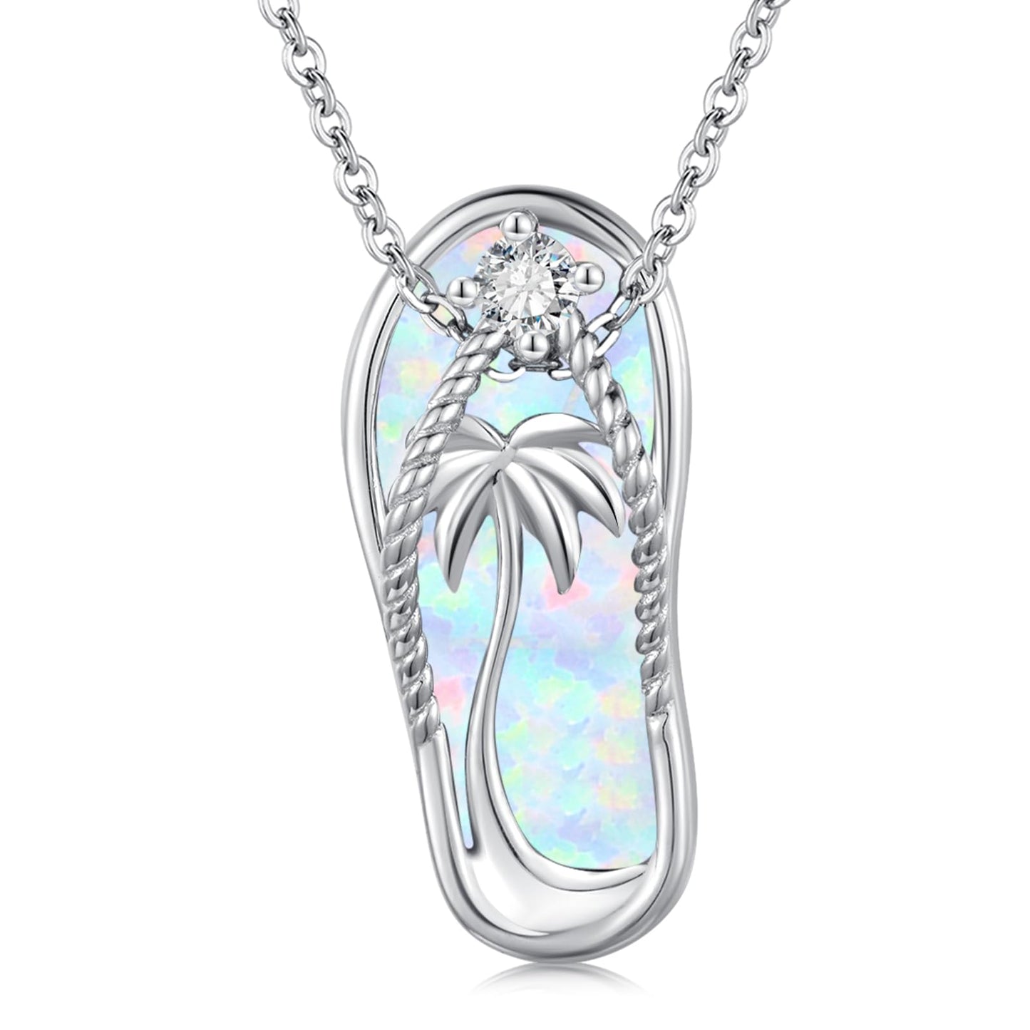 Midir&Etain Flip Flop Necklace 925 Sterling Silver Palm Tree Hawaiian Pendant White Opal Suffer Sea Necklace Flip-Flop White Opal Jewelry for Women Prime