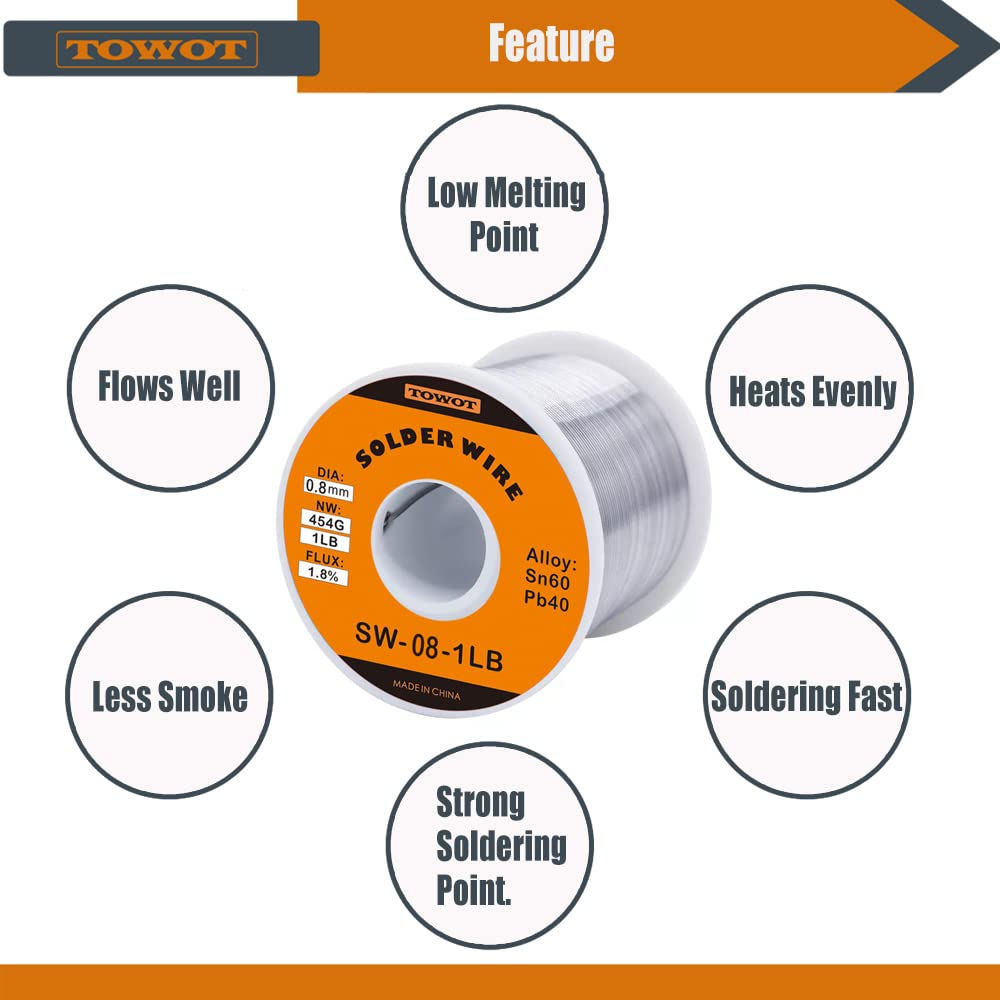 TOWOT Tin Lead Rosin Core Solder Wire for Electrical Soldering, Content 1.8% Solder Flux Sn60-Pb40 (0.8mm-1lb)