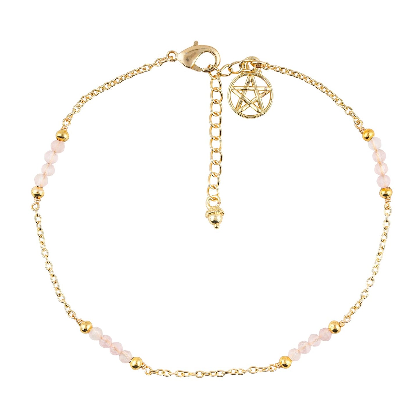 CRYSTALINES Natural Rose Quartz Gemstone Beads, Handmade Station Dangle Star Charms Anklet, 14K Gold Plated, Adjustable Fashion Boho Jewelry for Women, Healing Crystals, Christmas Gift