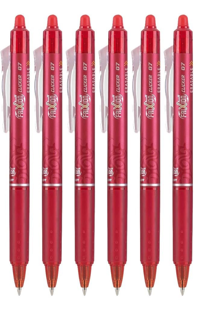 Advantage Gifts Frixion Clicker Retractable Erasable Gel Pens Fine Point (.7mm) Red Ink 6-pk; Bundle with Plastic Reusable Pouch