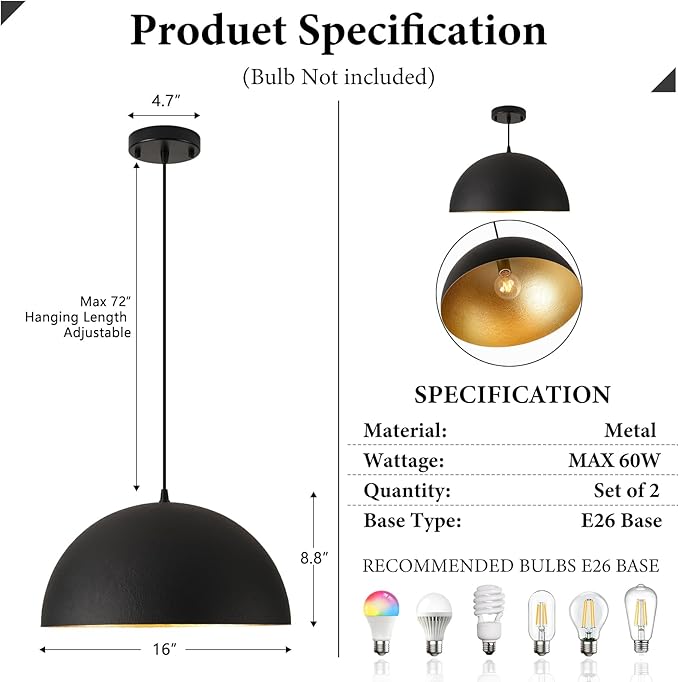 16" Industrial Large Pendant Light Fixtures,Black and Gold Pendant Lights Kitchen Island,Farmhouse Pendant Light Fixtures for Kitchen Foyer Cafe Dining Room,2 Pack