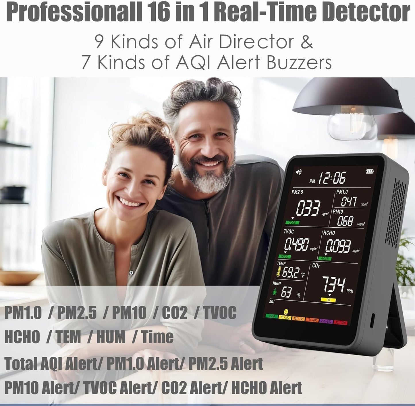 Professional Indoor Air Quality Monitor with AQI Alerts, Portable Real-Time Detector for Home, Car, Plants & Pet