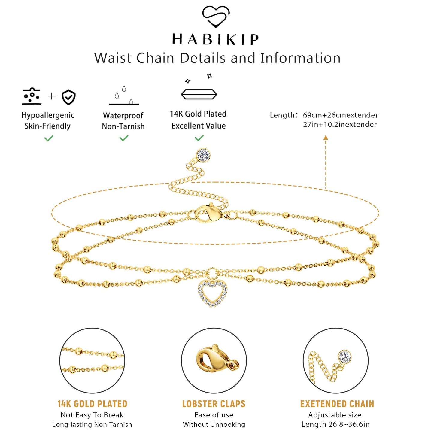HABIKIP 14K Gold Plated Waist Chain for Women, Gold Plated Belly Heart Pendant Chain Belt Sexy Bikini Beach Satellite Waist Beads Chain Adjustable Body Chain Waterproof Jewelry Accessories for Women
