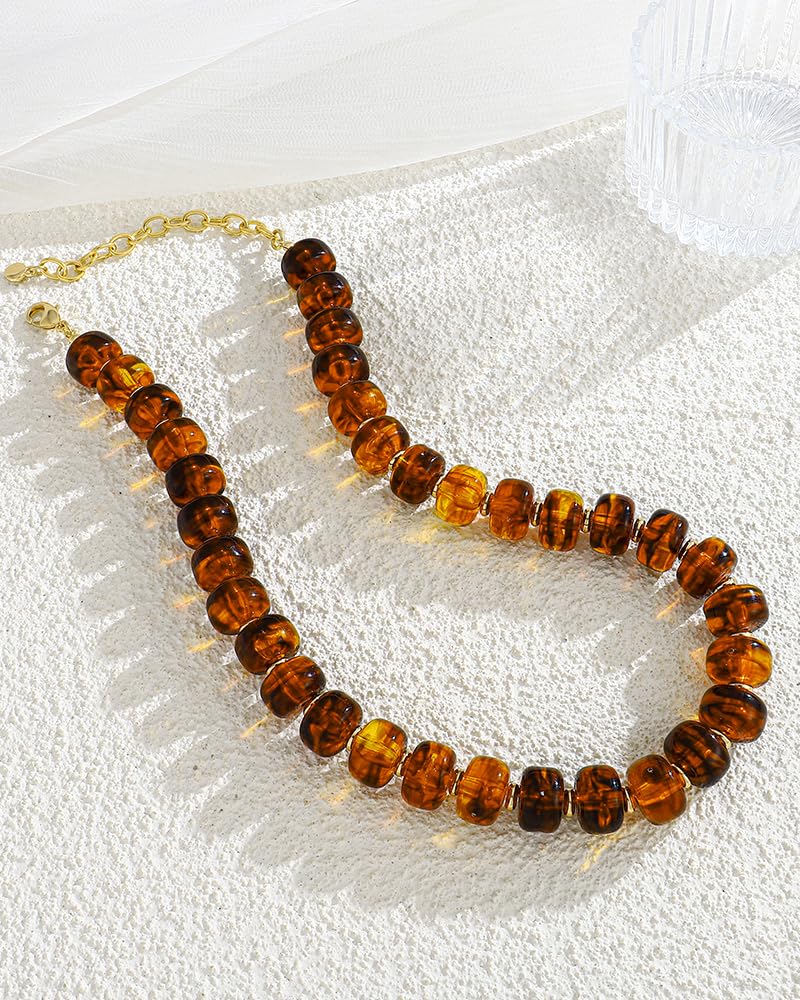 FAUTHENTICUTE Amber Beaded Choker Necklace for Women Chunky Statement Boho Western & Summer Beach Necklaces Trendy Everyday Brown Beaded Choker Necklaces for Women