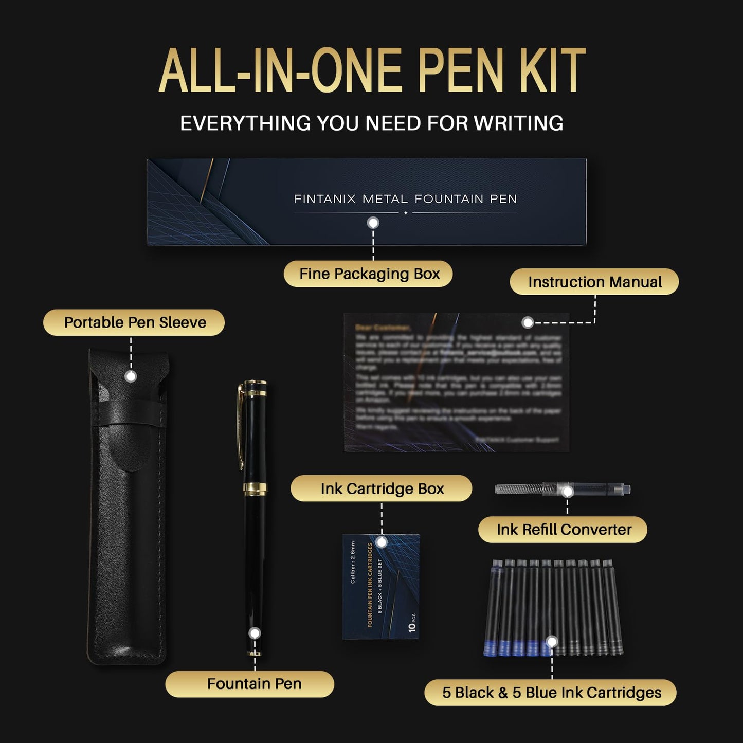 FINTANIX Fountain Pen with Fine Nib | Luxury Black Finish, Smooth Ink Flow, Complete Set with Ink Cartridges, Converter & Sleeve | Ideal for Professionals, Office, Journaling, and Gifts