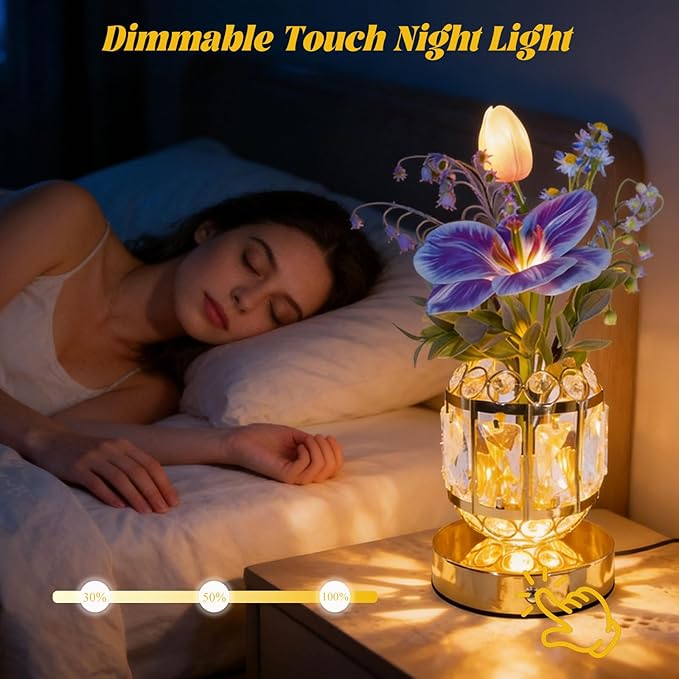 Flower Crystal Table Lamp, 3-Color Dimmable Small Night Light, Rechargeable Cordless Touch Lamp, Artificial Flowers Light for Bedroom Home Decor, Great Gifts for Mom Women Friends (Purple)