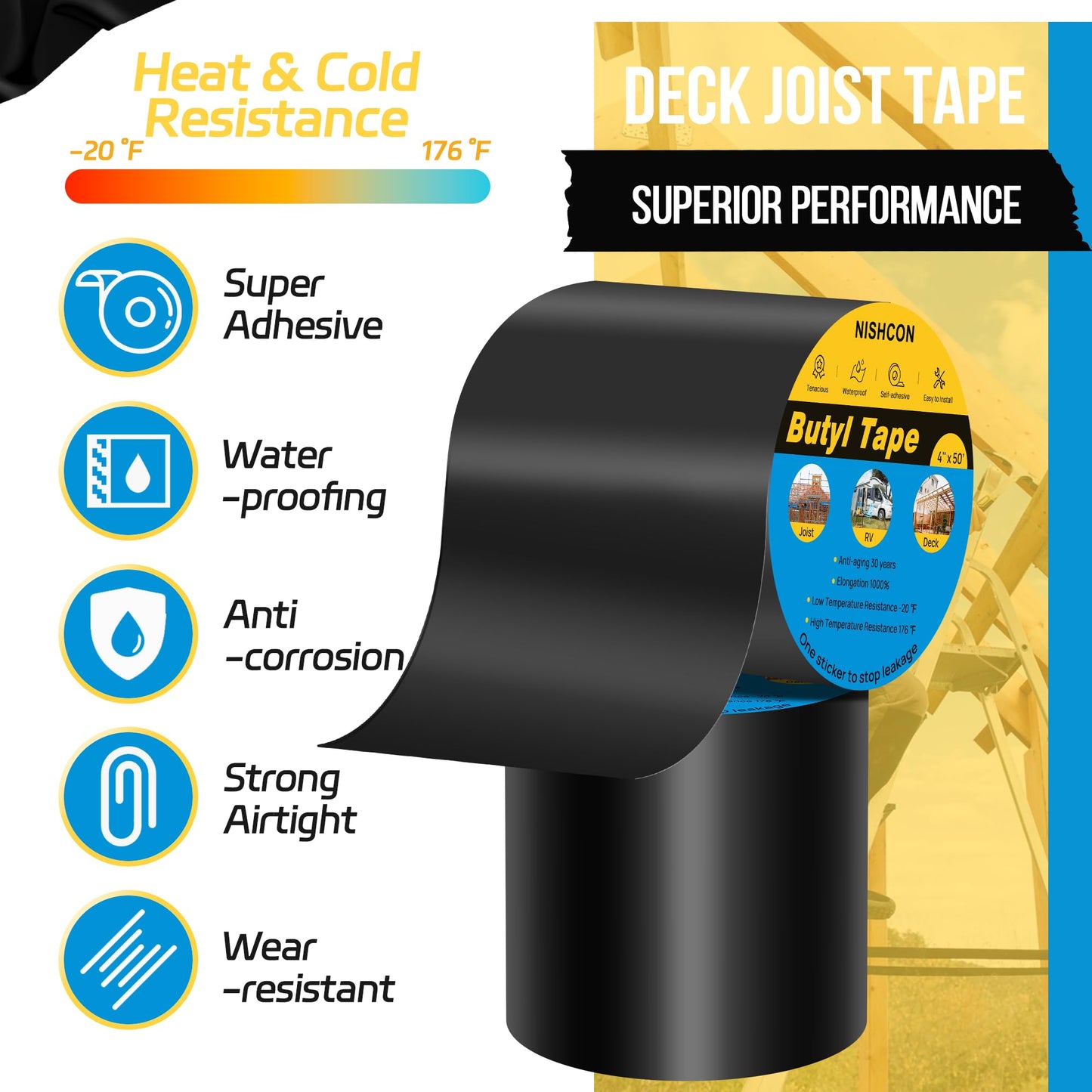 NISHCON Butyl Sealant Tape 4" x 50', Deck Joist Tape for Decking, Waterproof and Anti-Corrosion for Extend Deck Life, 2 Rolls