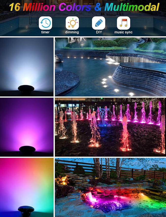 RGB Underwater Pond Lights, Super Bright 18 LED Submersible Fountain Lights Color Changing Spotlights, Bluetooth APP Control IP68 Waterproof for Fish Aquarium Tank Garden Yard Pool(Set of 8)