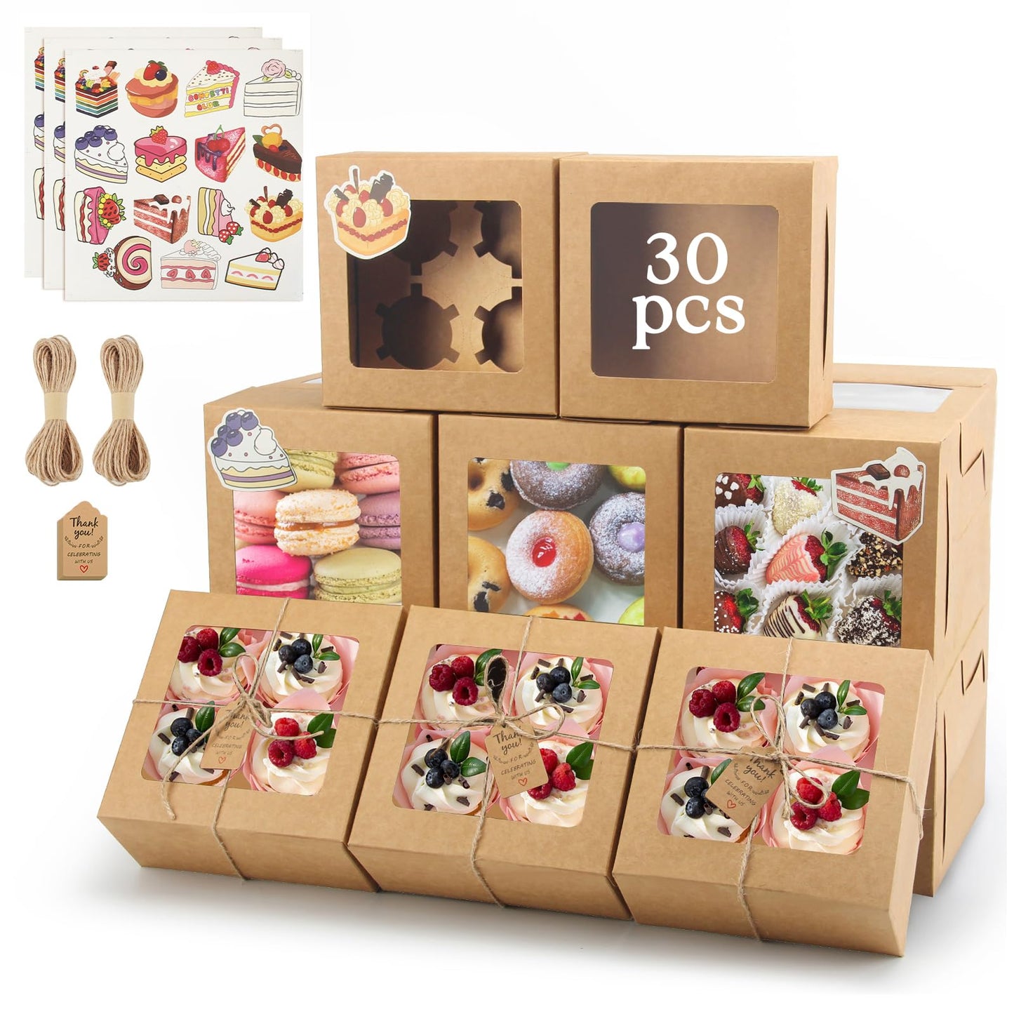 OAMCEG 30 Pack Cupcake Boxes with Window, 6x6x3 Inches Cookie Boxes, Bakery Treat Boxes for Pastry, Desserts, Chocolate Strawberries, Cupcake Containers, Gift Giving with Stickers & Twine （Brown）