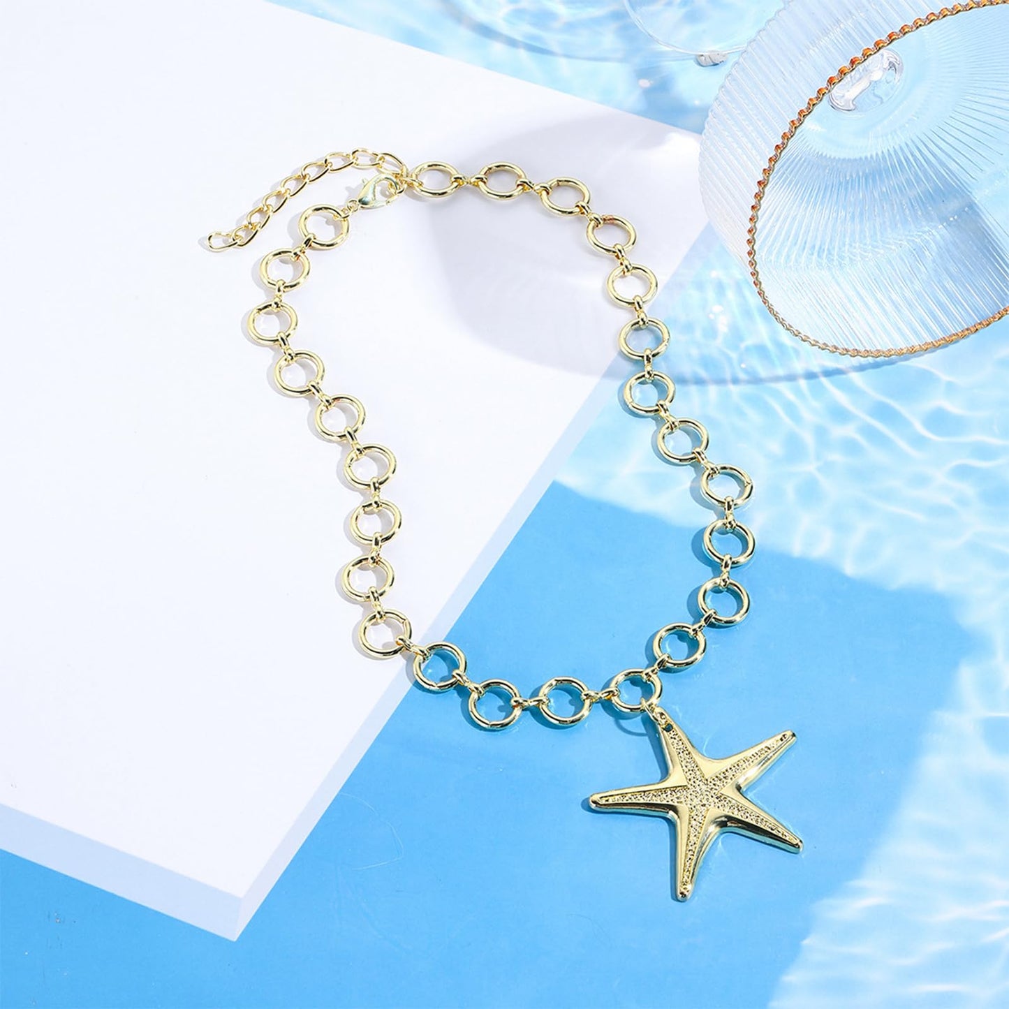 bike8 Gold Starfish Necklace for Women Chunky Big Starfishs Pendant Necklace Summer Beach Ocean Statement Jewelry Outfits Accessories (O-chain starfish)