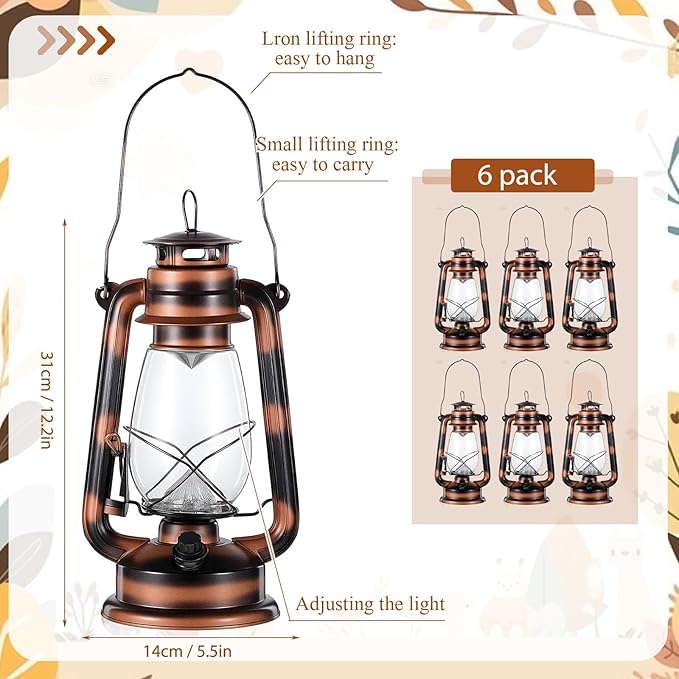 Hortsun 6 Pcs 12 Inch Vintage LED Hurricane Lantern Warm LEDs and Dimmer Switch Battery Operated Farmers Hanging Lantern for Indoor Outdoor Camping Usage Decor