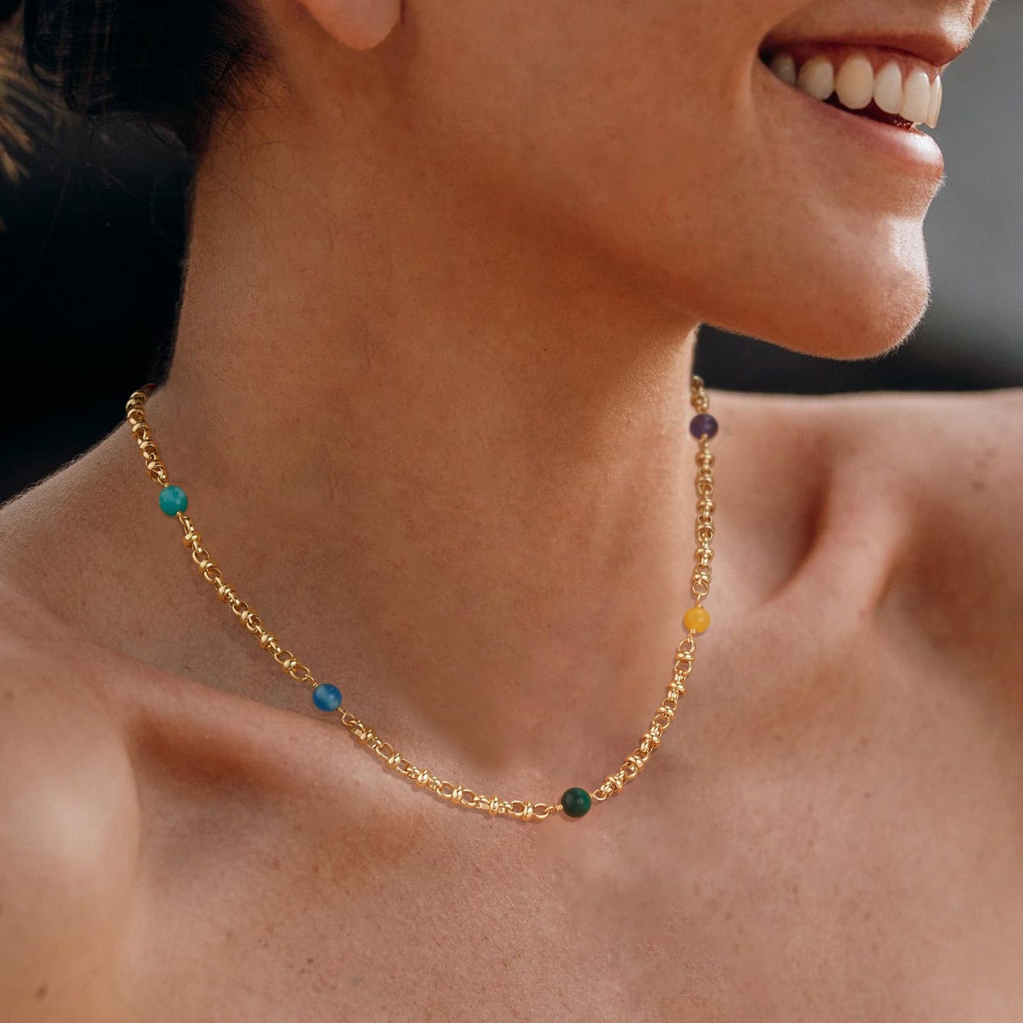 MTMY Beaded Necklaces for Women 14K Gold Plated Dainty Colorful Green/Rose Beaded Pearl Choker Necklace Delicate Boho Choker Necklace Jewelry Gift (7 Color beads)