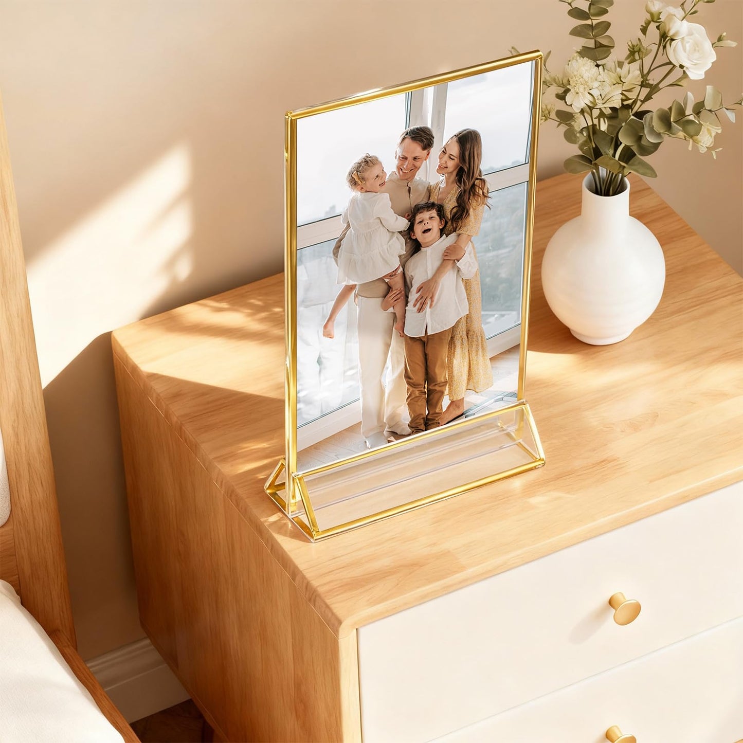 UNIQOOO Acrylic Sign Holders with Golden Border, Portrait View, Pack of 12 | 4x6 Inches Double Sided Clear Frame, Perfect for Wedding reception, Centerpiece, Decoration, Party,Anniversary, Event