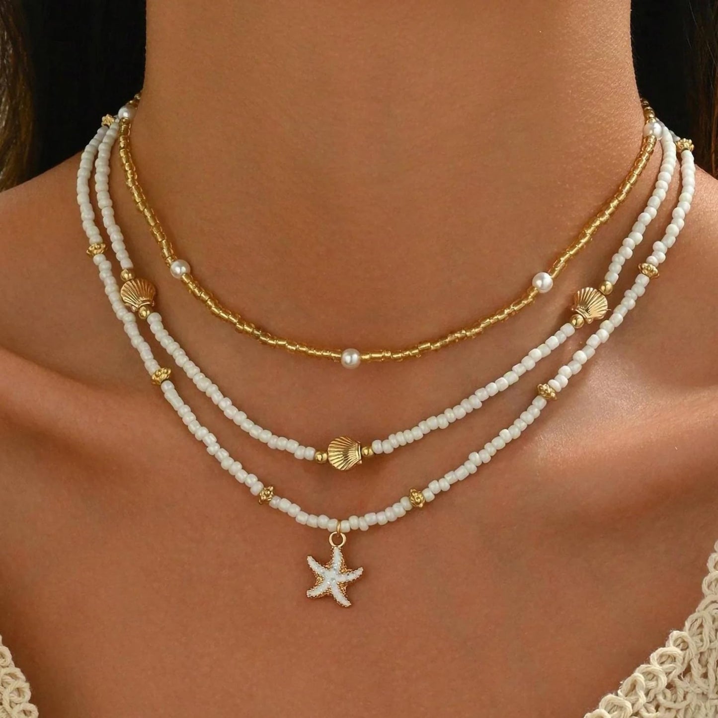 Shell Starfish Necklace for Women, 14k Gold Plated Boho Layered Beaded Charm Pendant Necklace, Dainty Adjustable Pearl Conch Summer Beach Vacation Jewelry Gifts(Starfish 3pcs)