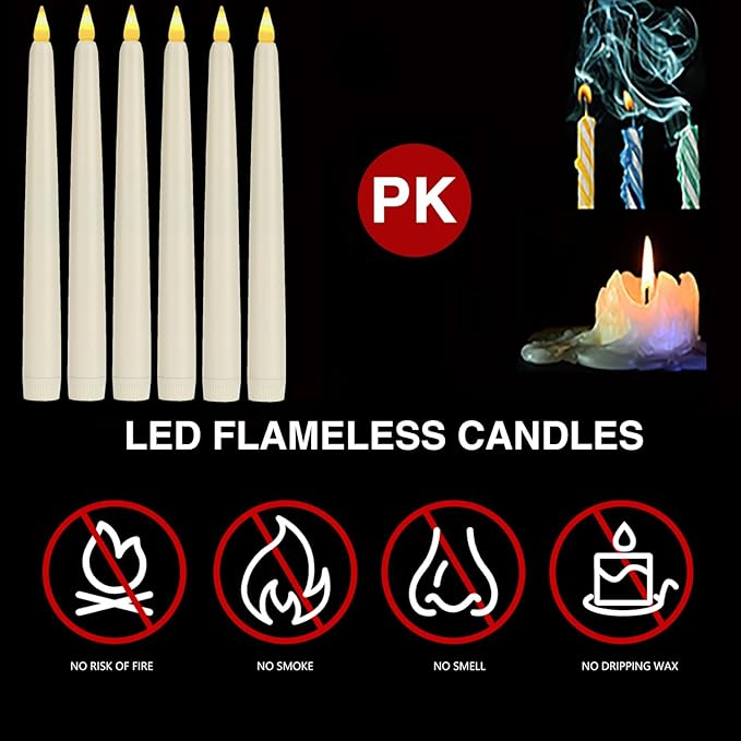Flameless Taper Candles with Remote Control and Timer, Battery Operated LED Candlesticks with Flickering 3D Flame, 9.6×0.8 Inches Plastic Fake Candles for Christmas, Wedding and Home Decor (Ivory, 6)