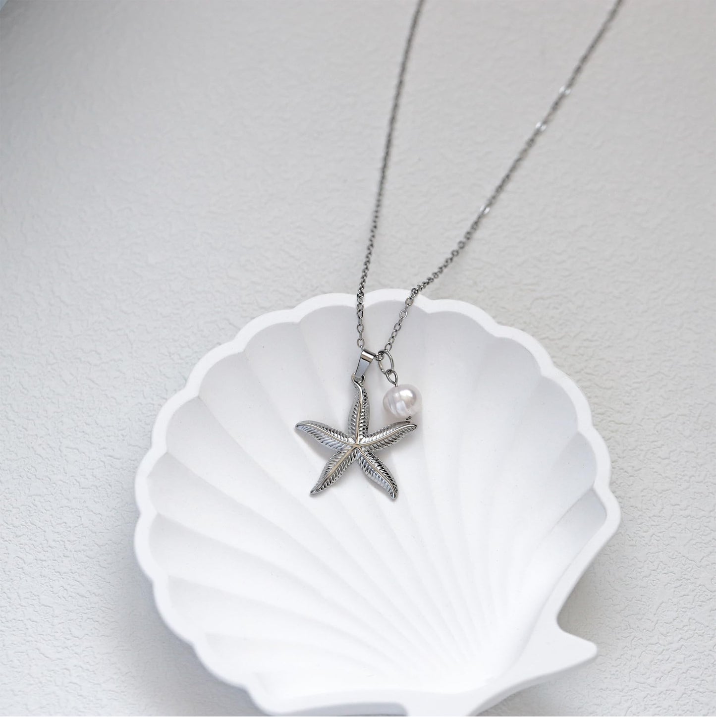 Starfish and Fresh Water Pearl Necklace for Women,Stainless Steel Ocean Theme Hypoallergenic Coastal Jewelry