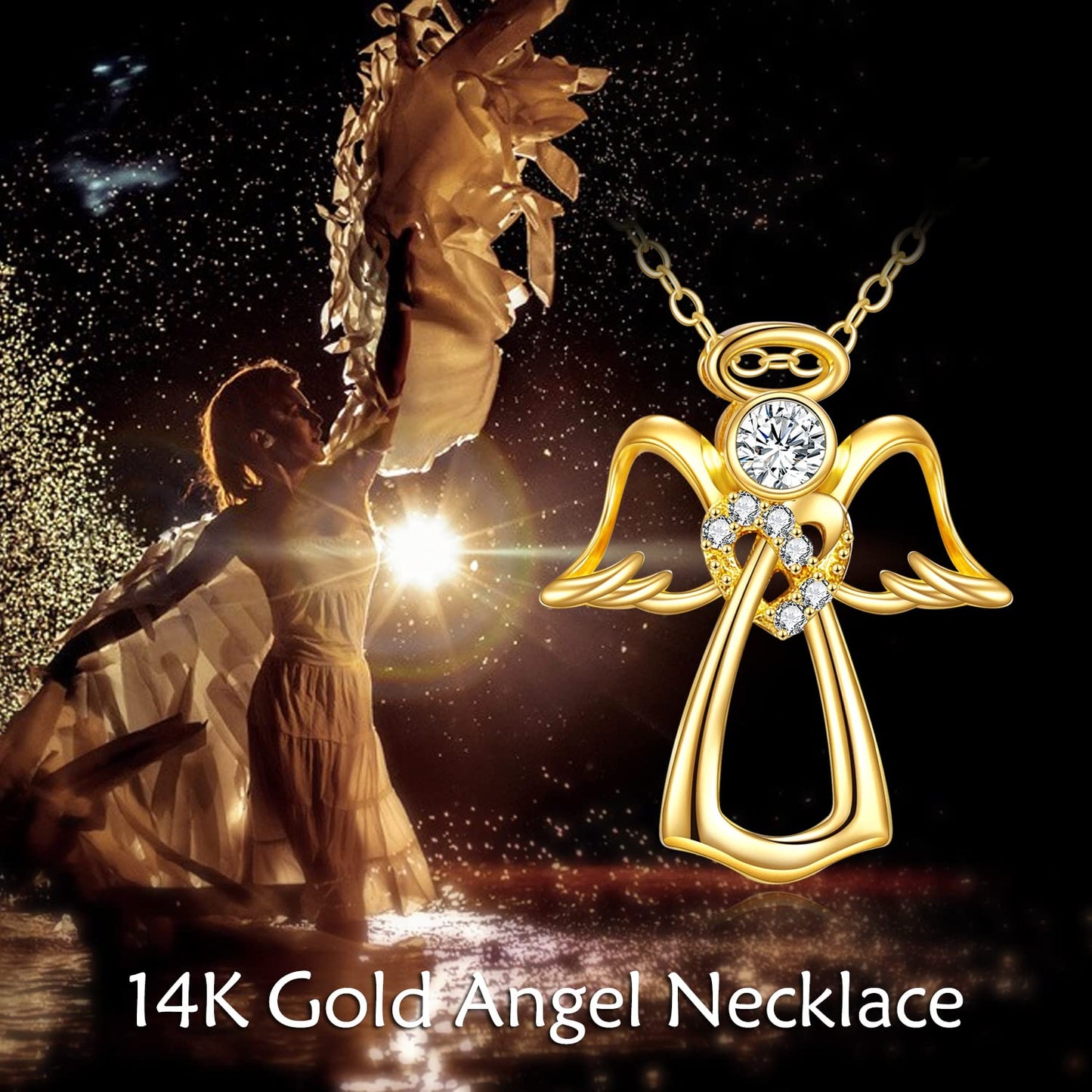 Yellow Gold Guardian Angel Necklace Heart Crystal Angel Wings Pendant Necklace Gift for Women Daughter Wife Girlfriend (Angel02)