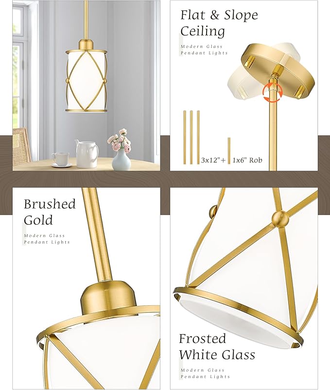 Brushed Gold Pendant Lights Kitchen Island, Modern 2 Pack Pendant Light with Frosted Glass, Farmhouse Mid Century Pendant Lighting for Dining Room, CH9176BGW-2PK