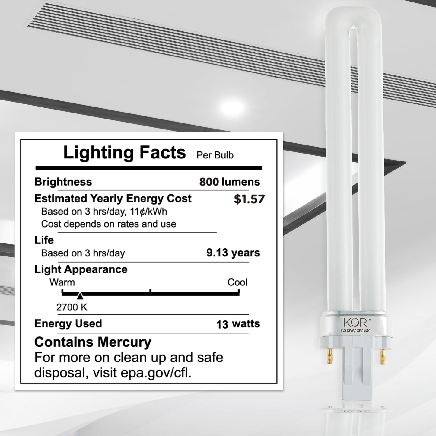 KOR (4 Pack) PL13S/27/ECO - Compact Fluorescent Plug-in - 13 Watt - 120 Volt - T4-2-Pin (GX23) - 2,700 Kelvin (Soft White)