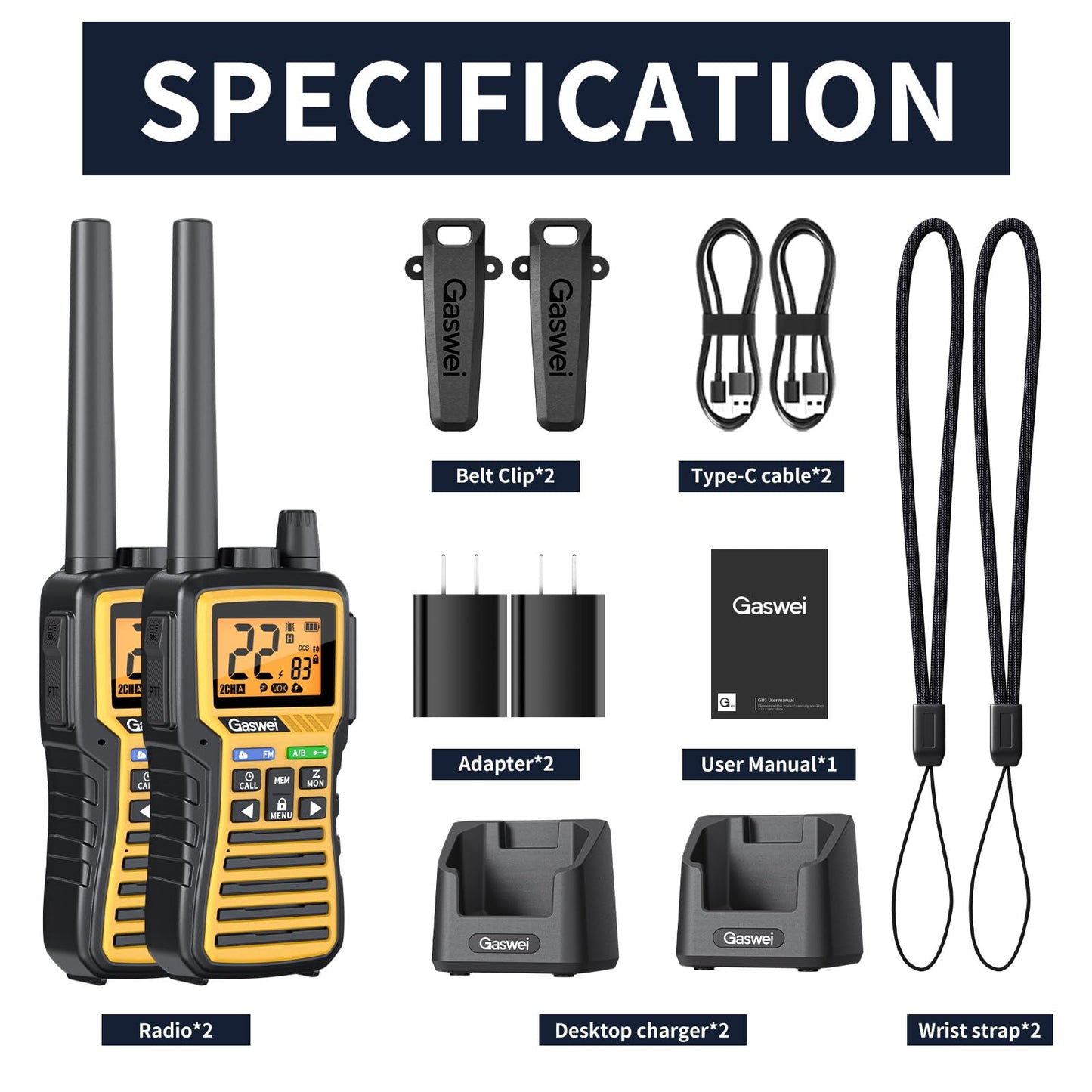 Gaswei GU1 Long Range Walkie Talkies, 2 Way Radio Walkie Talkie with Flashlingts, 60 Channels & 121 Privacy Codes, NOAA Weather Alert, VOX, FM Radio, SOS for Job Site, Hiking, Camping (Yellow)