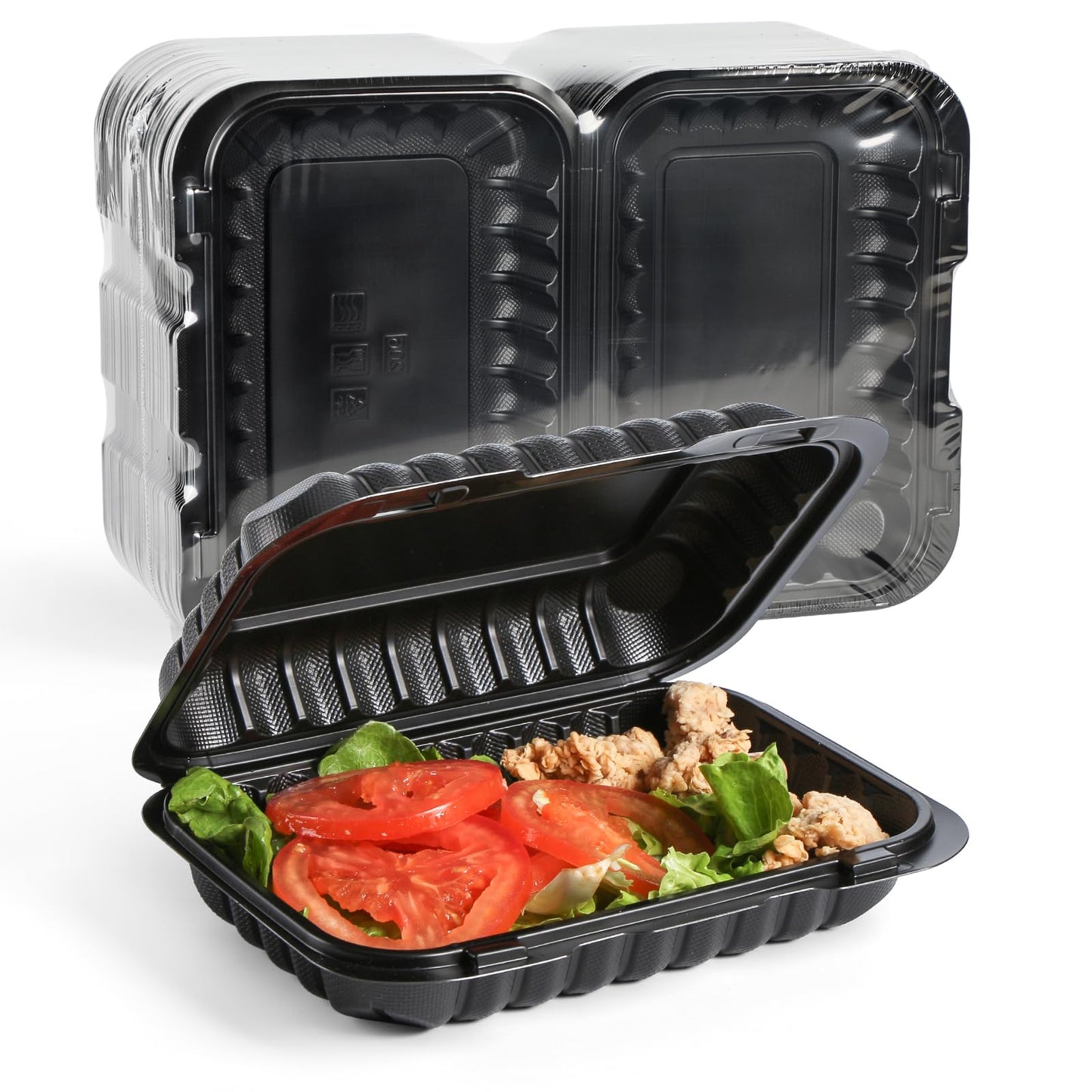 YANGRUI Takeout Containers 9x6 28 oz 50 Pack - Shrink Wrapped No Pre-Wash Mineral-Filled BPA Free PP Plastic | Reusable Heavy Duty Microwave Safe | Restaurant Grade Black Clamshell Food Container