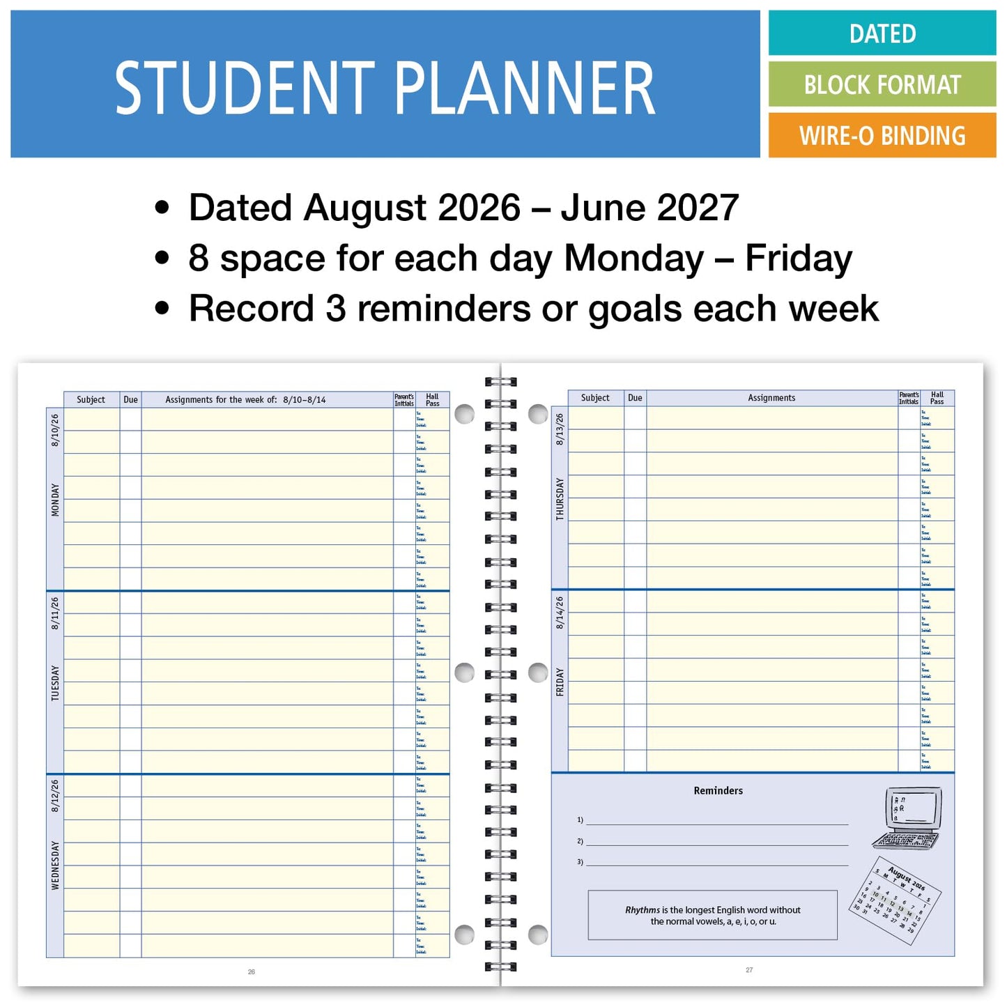 Elan Publishing Company Dated Student Planner: for Middle or High School August - July Dated for 2026-2027 Academic Year (Blue)