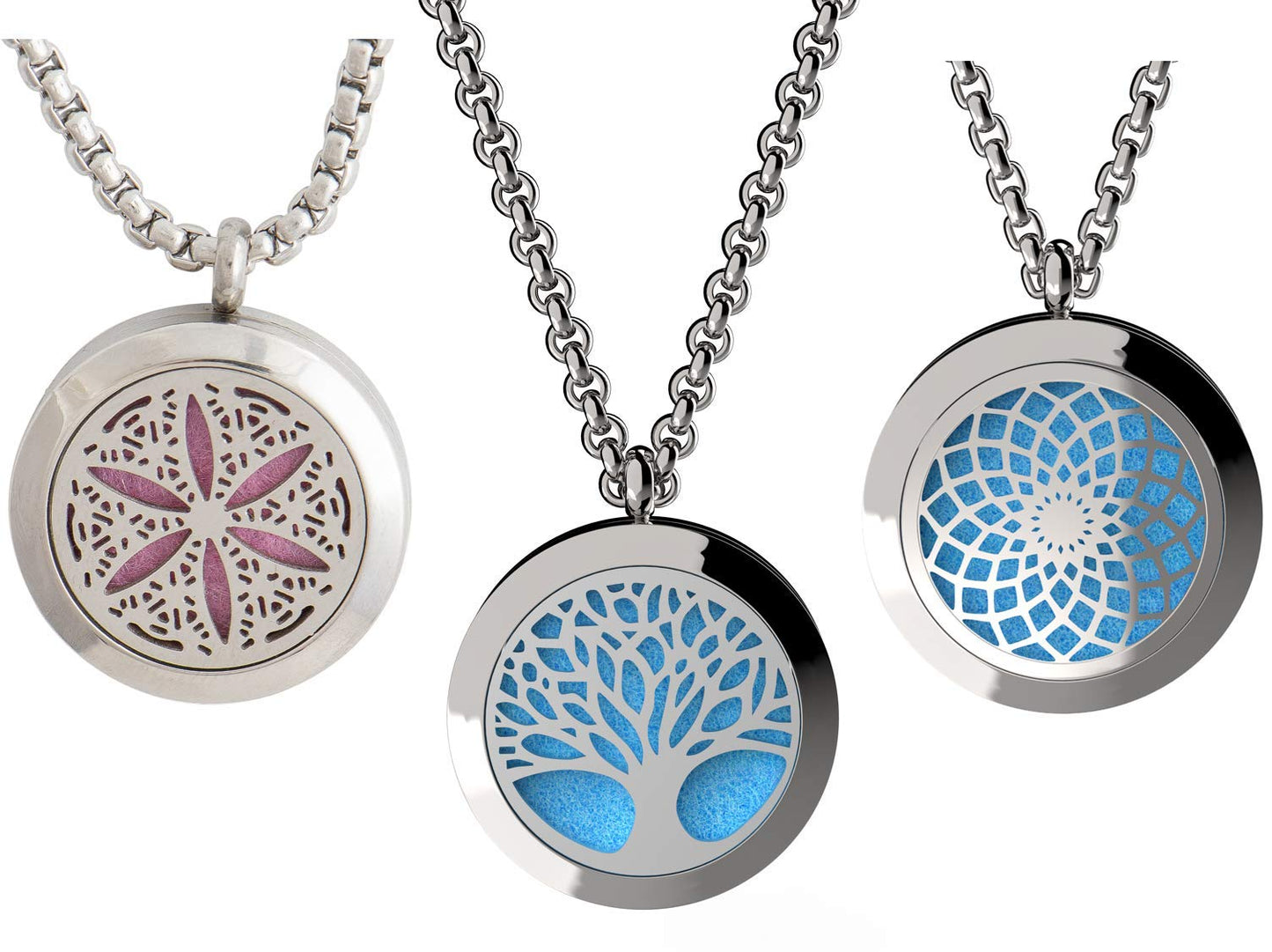 Wild Essentials 3 Necklace Set, Tree Of Life, Flower of Life, Sun Essential Oil Diffuser Necklace Stainless Steel Locket Pendants, 24 Inch Chains, 36 Refill Pads, Color Changing, Perfume Locket, Aroma