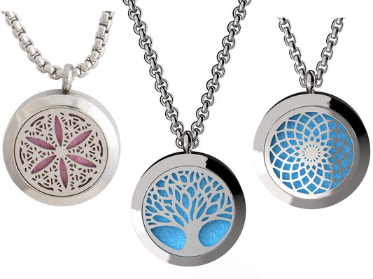Wild Essentials 3 Necklace Set, Tree Of Life, Flower of Life, Sun Essential Oil Diffuser Necklace Stainless Steel Locket Pendants, 24 Inch Chains, 36 Refill Pads, Color Changing, Perfume Locket, Aroma