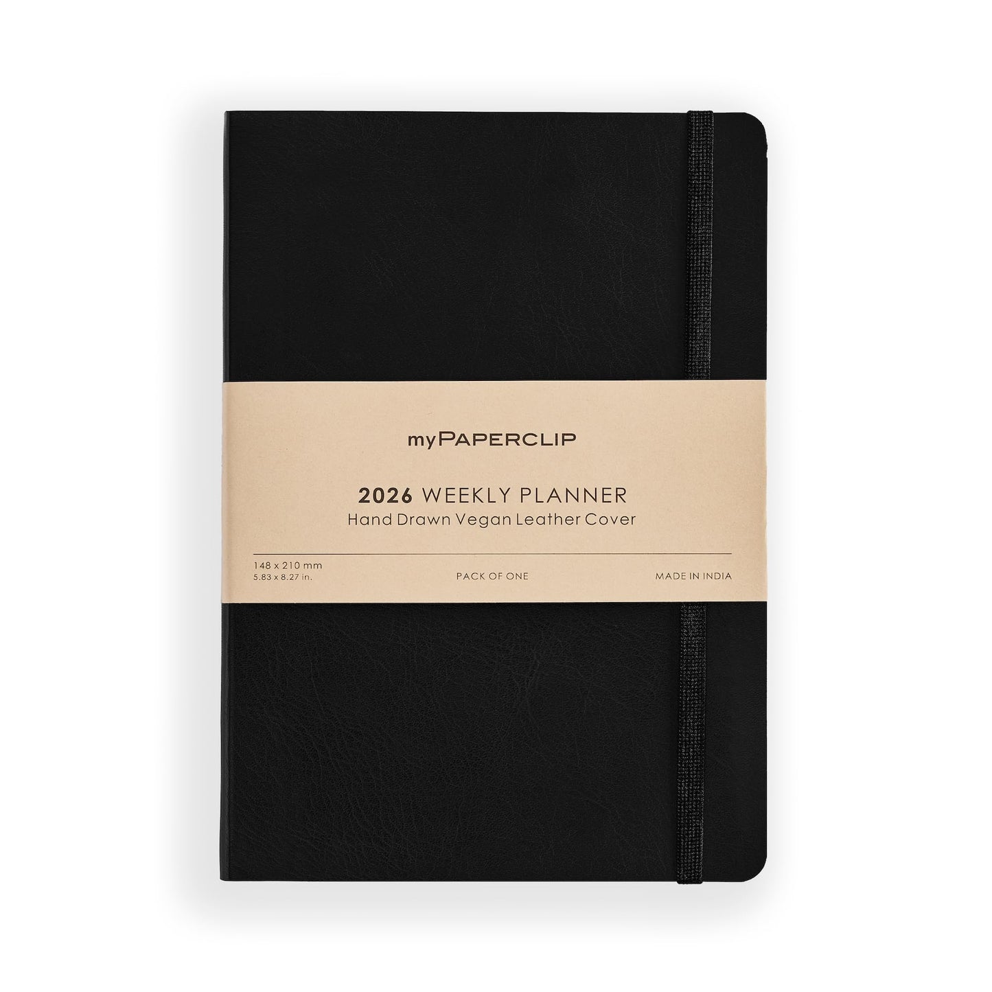 myPAPERCLIP 2026 Weekly Planner | Italian Vegan Leather Cover, 192 Pages, 80 GSM, A5 (5.83 x 8.27 in) | Flat Lay | Yearly Calendar, Monthly Overview & Weekly Planner Layout | Black