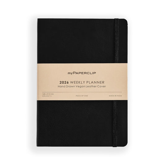 myPAPERCLIP 2026 Weekly Planner | Italian Vegan Leather Cover, 192 Pages, 80 GSM, A5 (5.83 x 8.27 in) | Flat Lay | Yearly Calendar, Monthly Overview & Weekly Planner Layout | Black