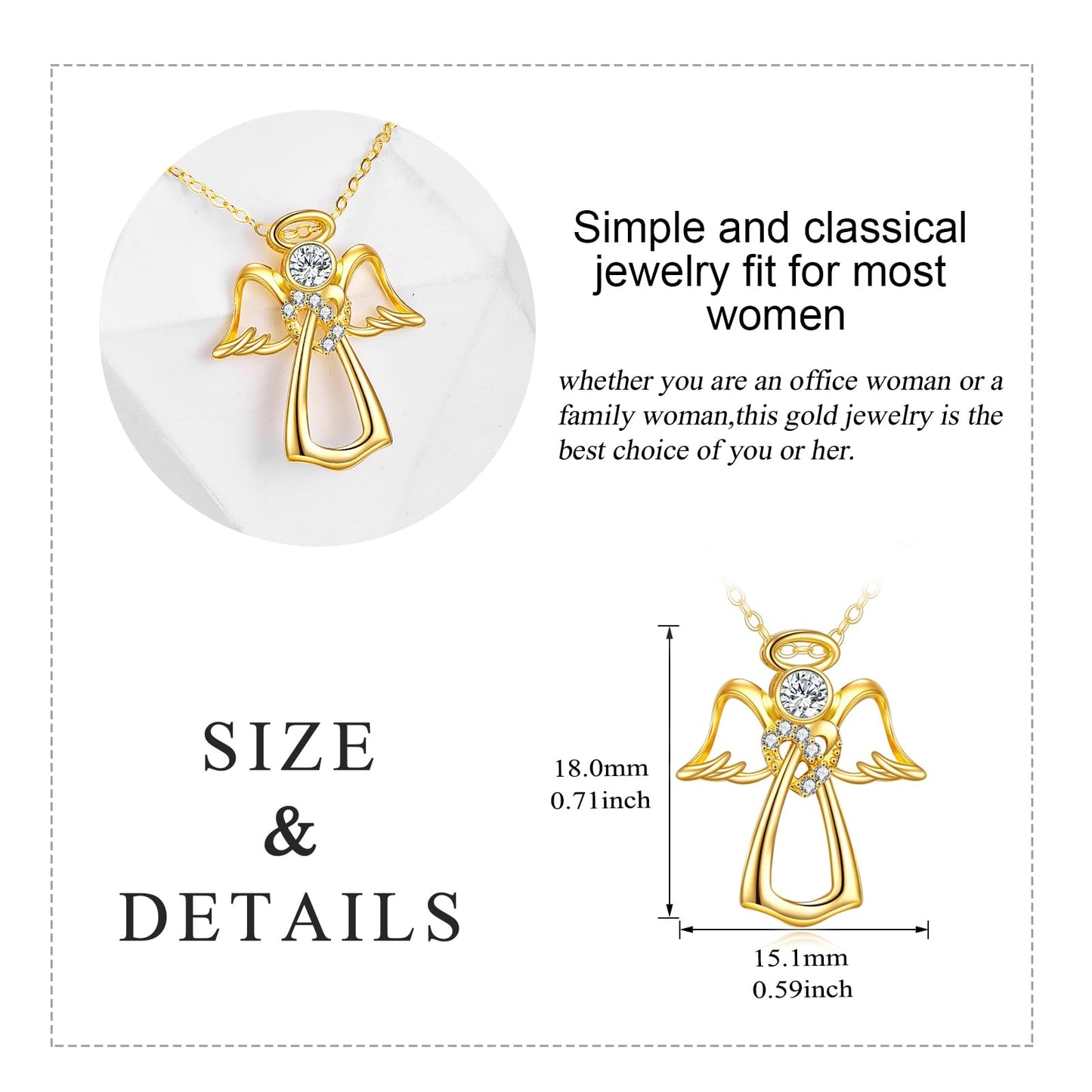 Yellow Gold Guardian Angel Necklace Heart Crystal Angel Wings Pendant Necklace Gift for Women Daughter Wife Girlfriend (Angel02)