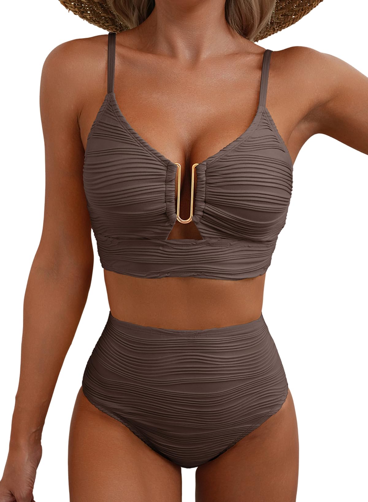 Herseas Women Two Pieces Textured Ruched Bikini Set Push Up V-Wired Cutout Bathing Suits High Waisted Spaghetti Straps Swim Suit Beautiful Flattering Beach Outfits Deep Brown Small