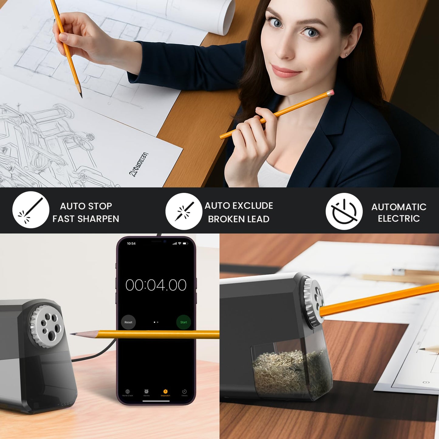 Aurbuex Heavy Duty Electric Pencil Sharpener – 6-Hole for 6-12mm Pencils, Auto Start/Stop, Fast 4s Sharpening, Zinc Alloy Blade, 10,000+ Sharpenings – Ideal for Classroom, Office & Art Use(S260)
