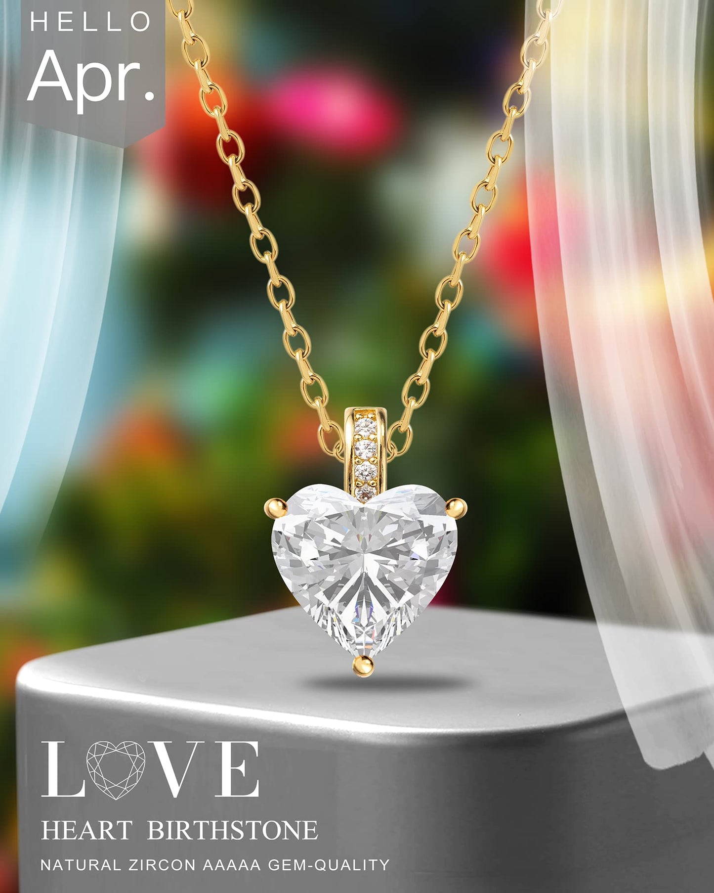 MIDDLUX April Birthstone Heart Necklace, Clear Quartz, 18k Gold Finish, 16" Extendable Lobster Clasp, Girls, Female, Necklace, Fashion Jewelry